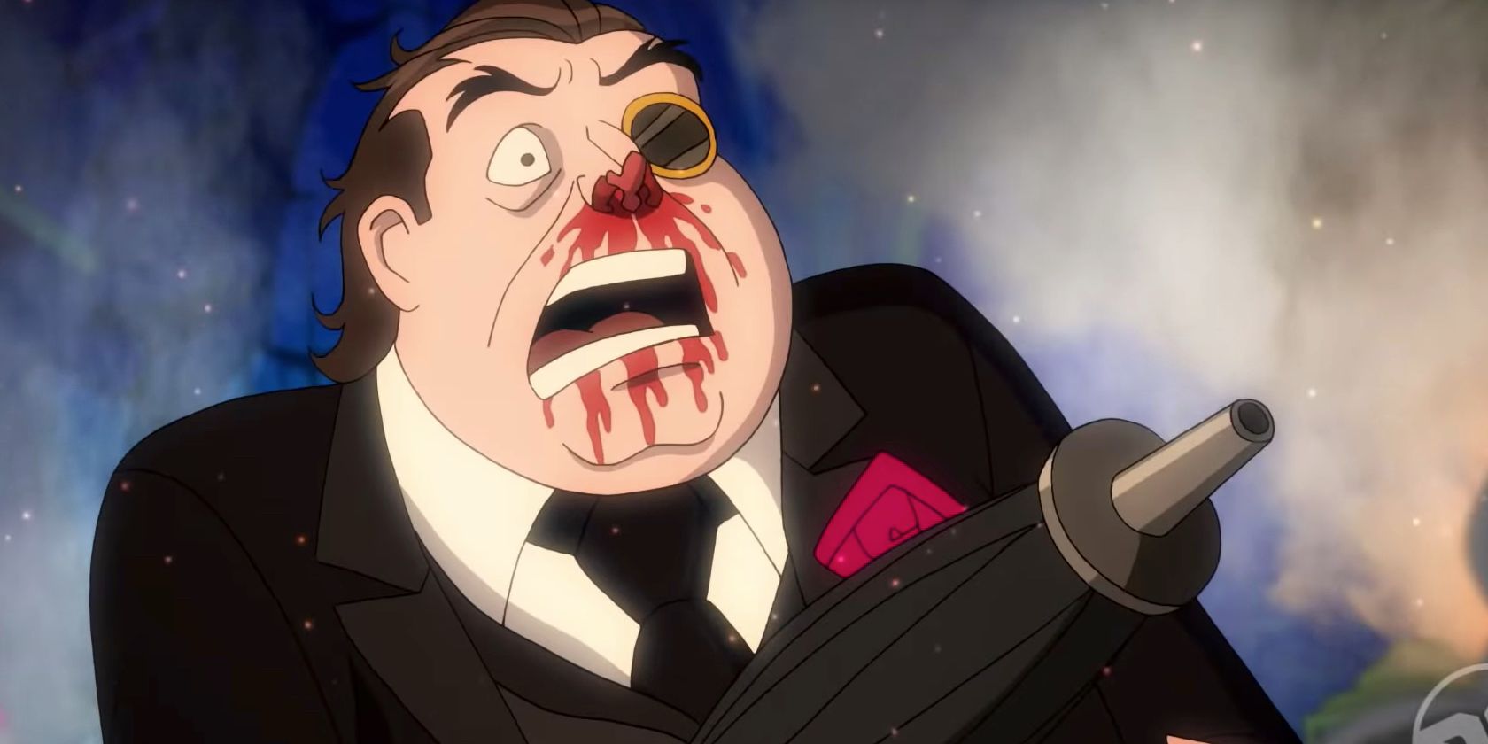the penguin in Harley Quinn season 2 episode 1 with bitten off nose