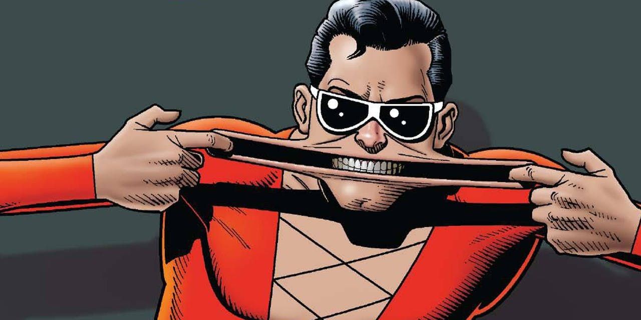 Plastic Man stretching his face out of shape in DC Comics