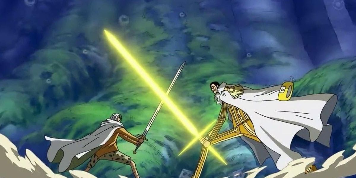 Silvers Rayleigh and Admiral Kizaru square off on Sabaody Archipelago in One Piece.