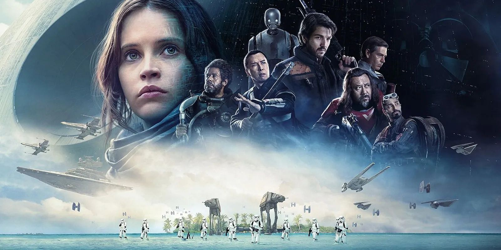 A composite image of all of the main characters featured in Rogue One: A Star Wars Story superimposed over important locations from the film.