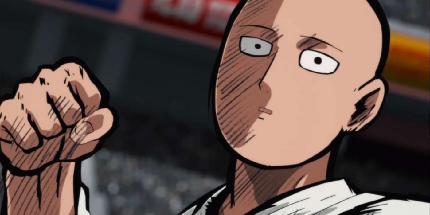 A blank- faced Saitama throwing a serious punch in One-Punch Man. 