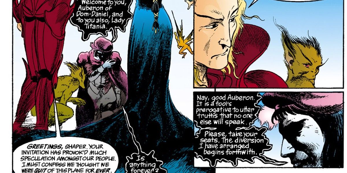 Dream greets Oberon and Titania in Gaiman's "Midsummer Night's Dream" in DC Comics