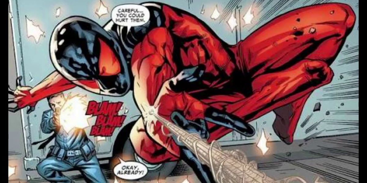 Spider-Man's clone Kaine Parker fighting in a battle as the Scarlet Spider