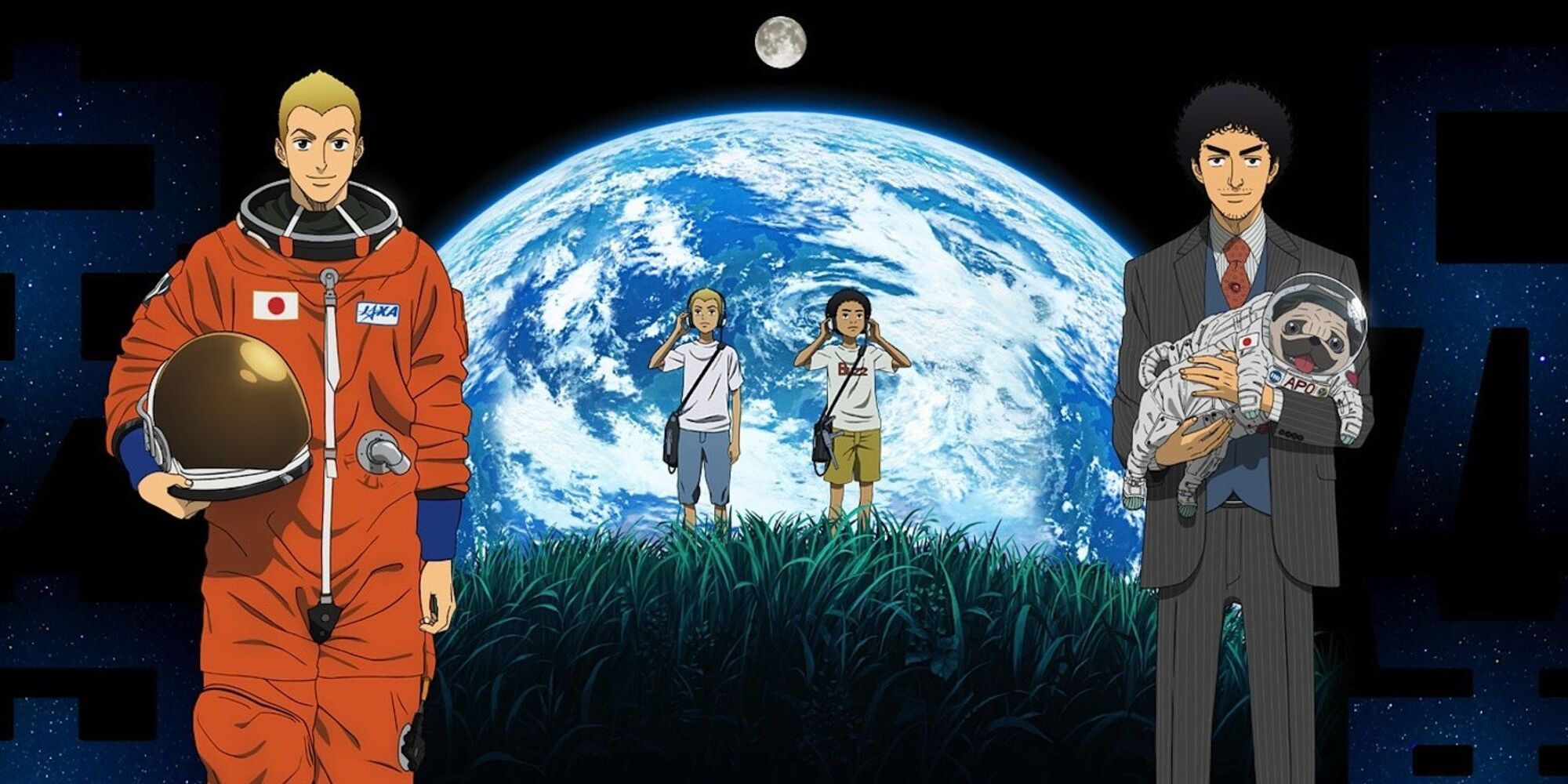 Space Brothers anime with an astronaut and businessman, with the Earth in the middle.