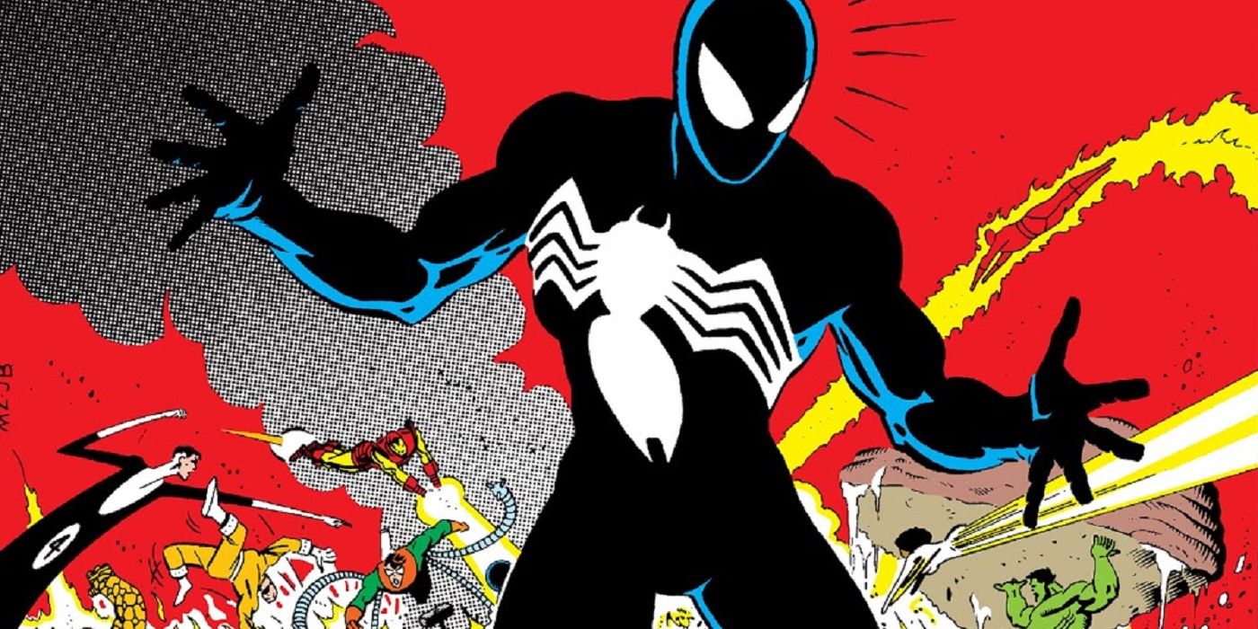 Spider Man in a black costume in Secret Wars comic.