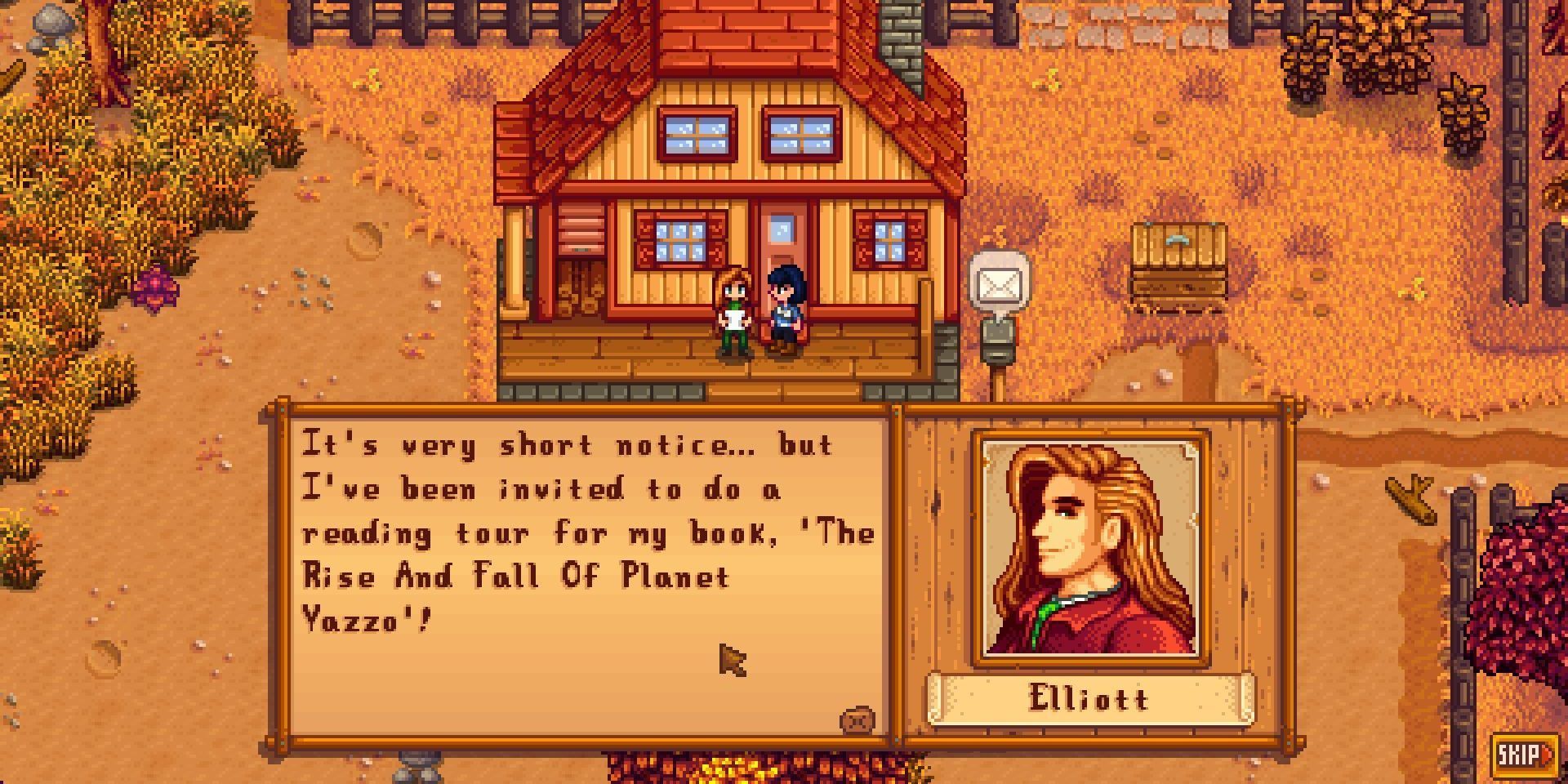 Elliot discussing his book during his Stardew Valley Romance