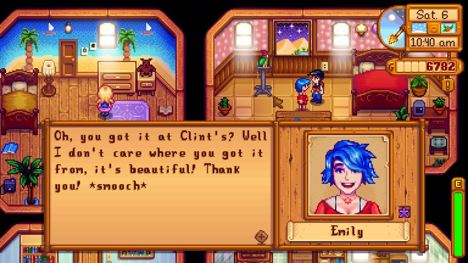 Emily mostrando gratidão por um lindo presente em Stardew Valley