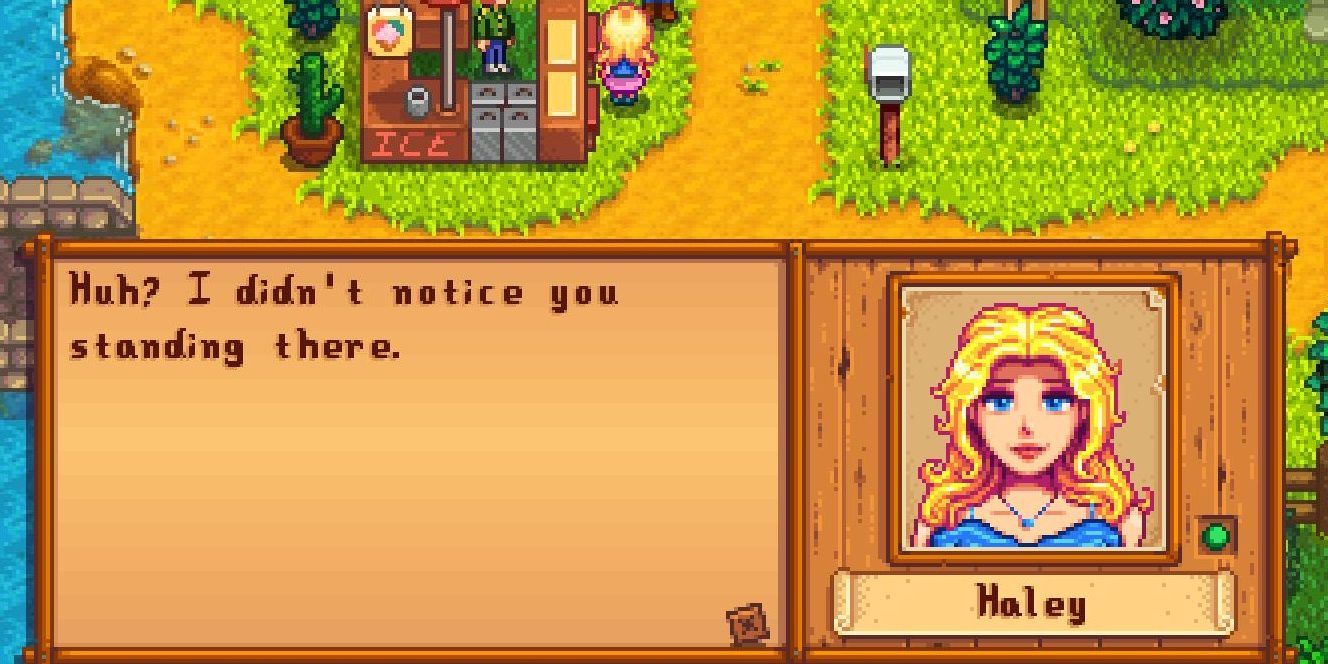 Haley talking to the player character in Stardew Valley