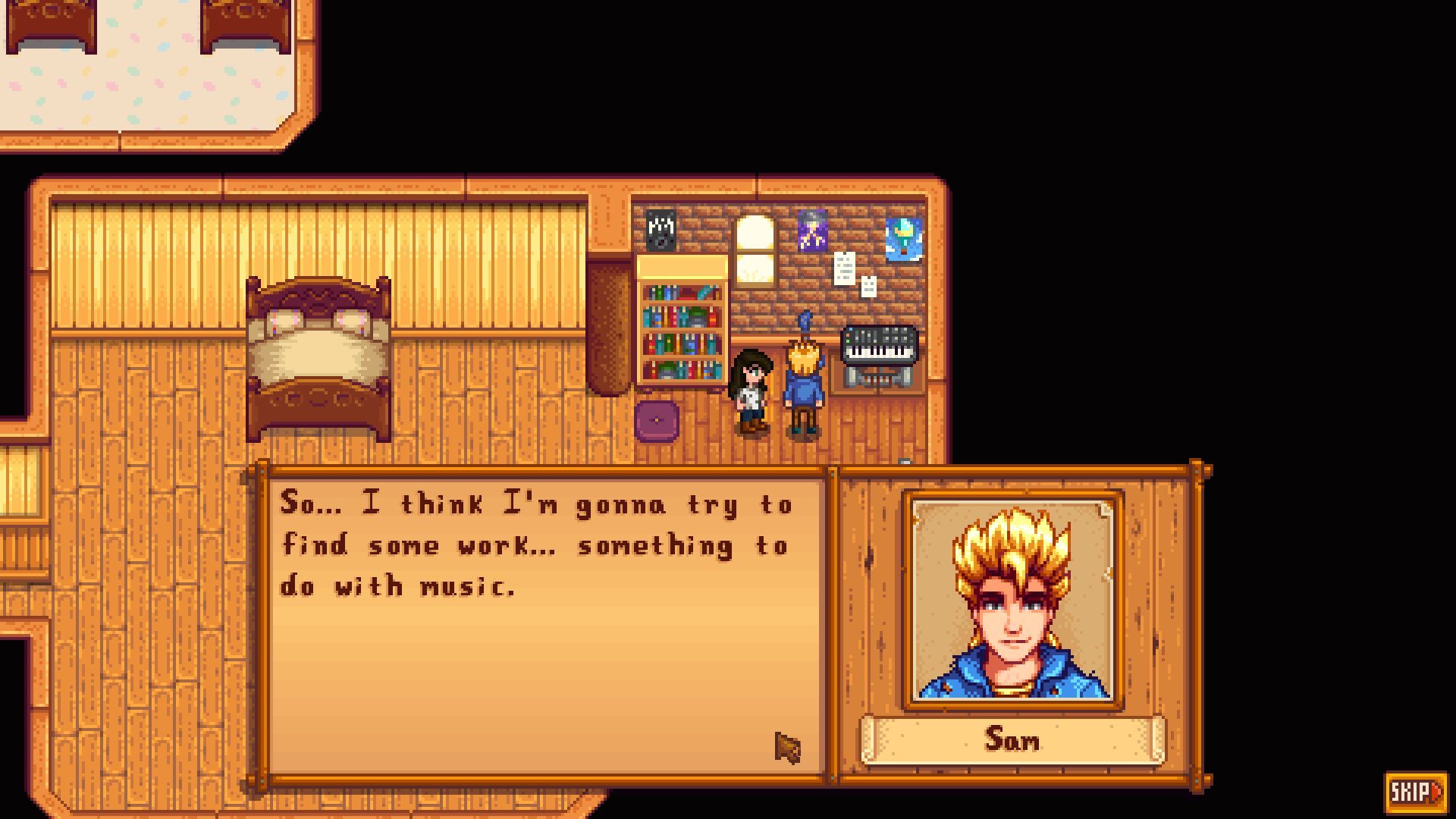 Interesse amoroso Sam em Stardew Valley procurando trabalho na indústria da música