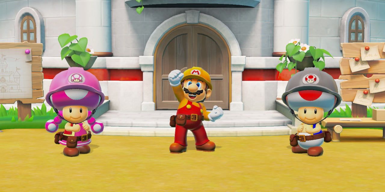 Builder Mario with Toad and Toadette in Super Mario Maker 2