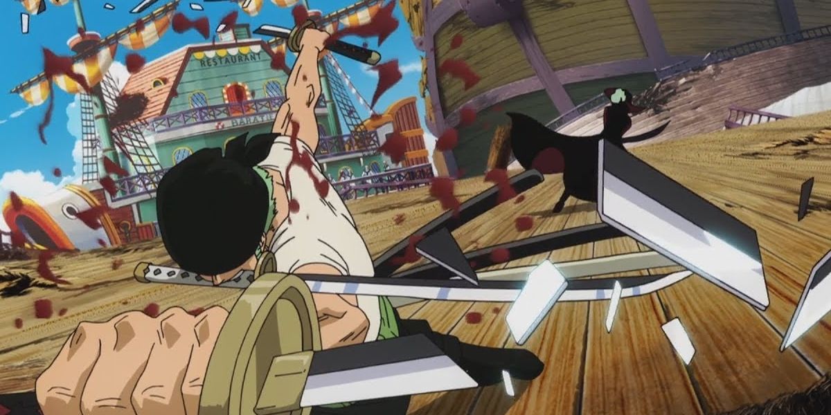 Zoro shatters his blades fighting Mihawk in One Piece.