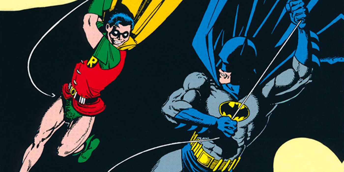 Batman and Robin swinging from ropes in A Lonely Place of Dying cover art.