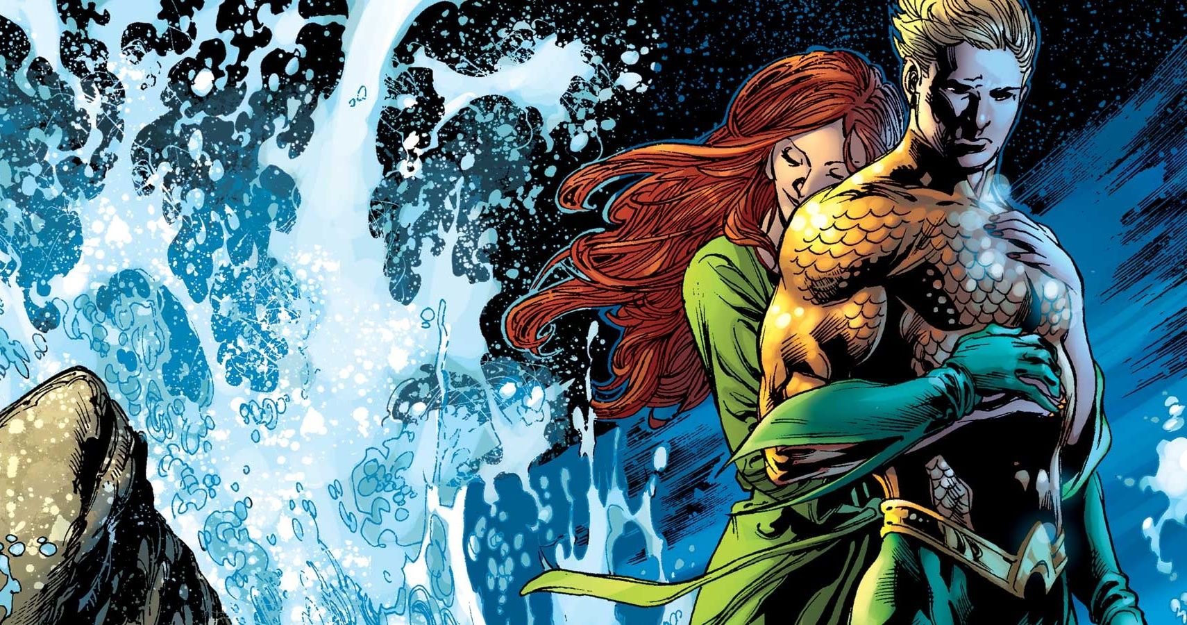 Mera wraps her arms around Aquaman, while a wave splashes in the background