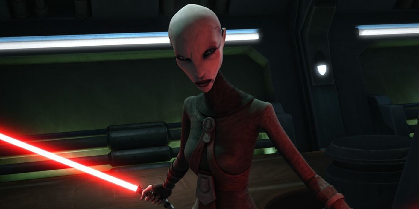 Assaj Ventress wielding a red lightsaber and frowning in The Clone Wars.