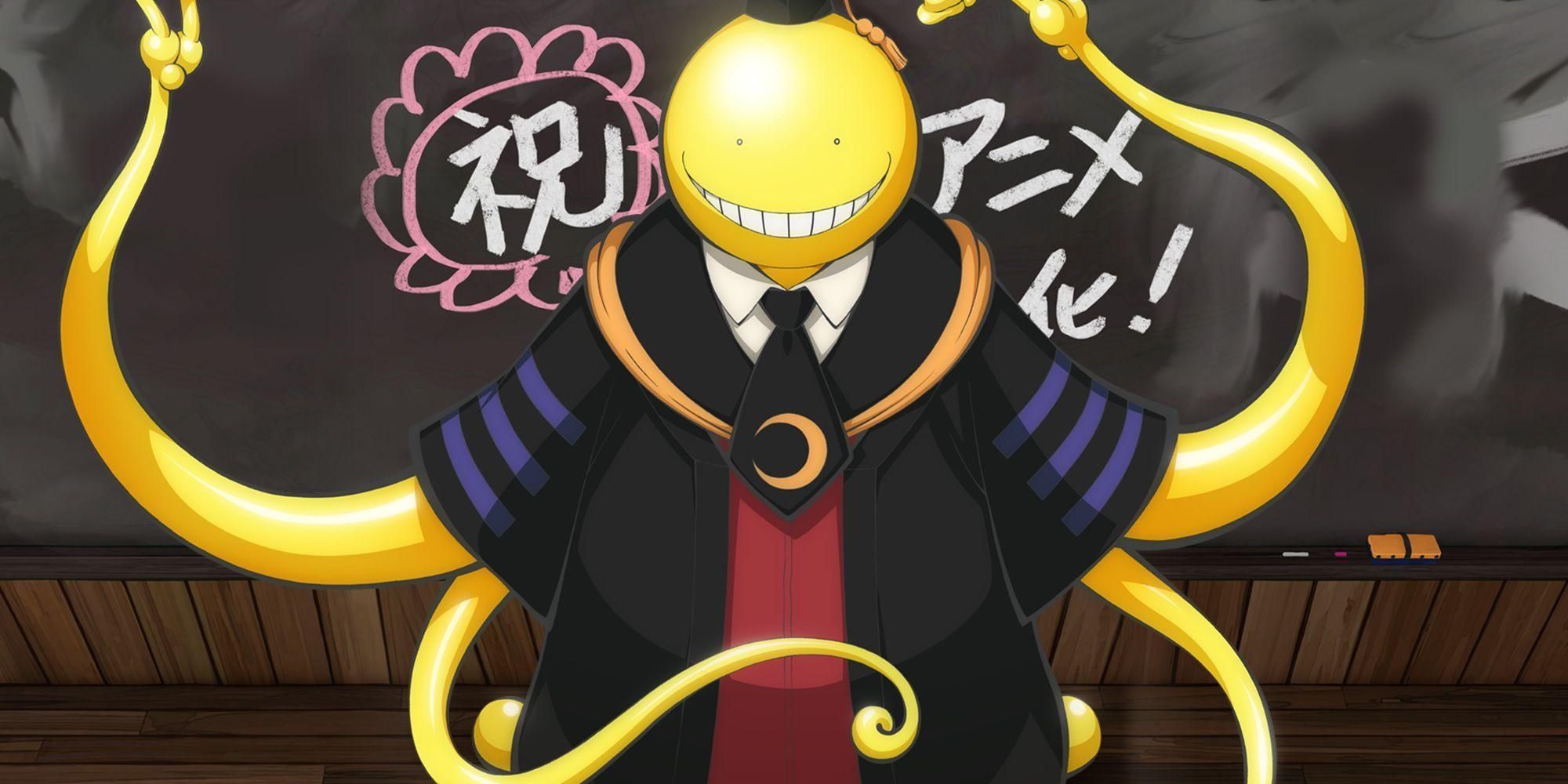 Koro-sensei from Assassination Classroom standing in front of a blackboard.