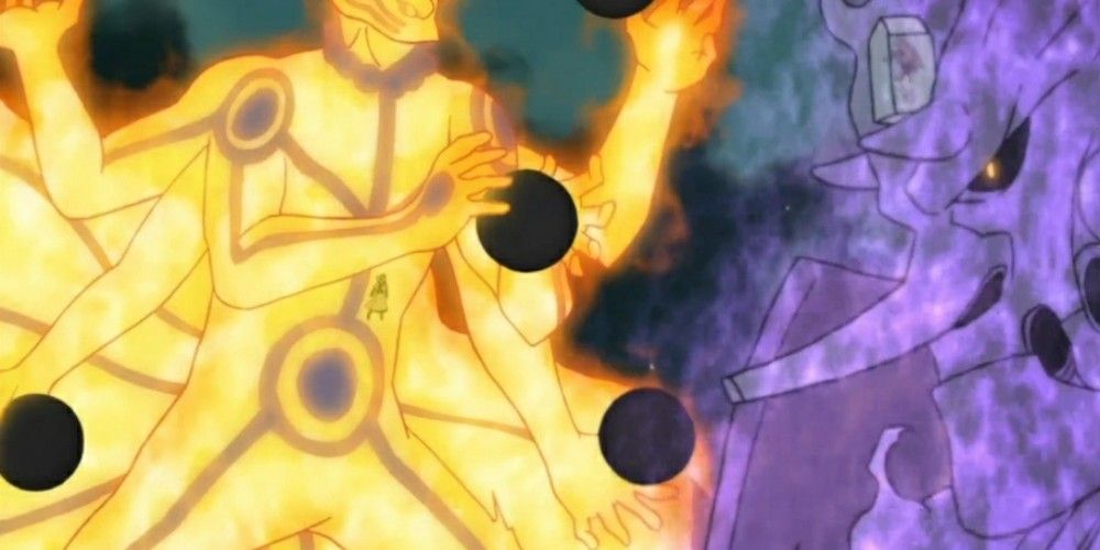 Naruto and his Kunitsukami battling against a full-formed Susanoo (Naruto)