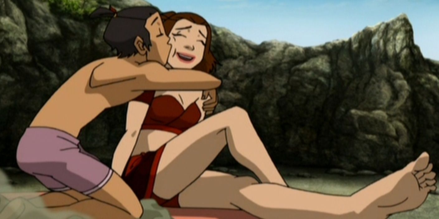 Sokka giving Suki a kiss in Avatar: The Last Airbender.