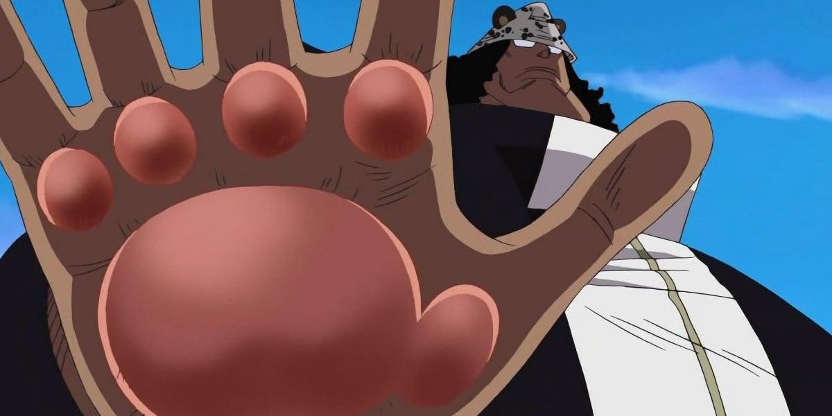 Bartholomew Kuma showing his paw to Zoro in One Piece.
