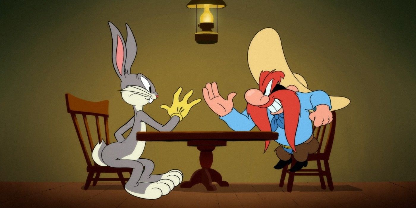 Bugs and Sam prepare to arm wrestle.