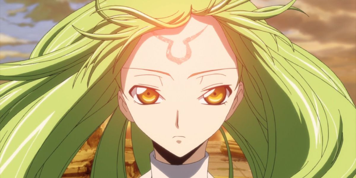 CC with the activated Geass symbol on her head.