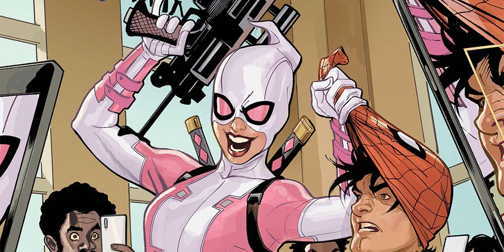 Gwenpool pulls off Spider-Man's mask while smiling wickedly