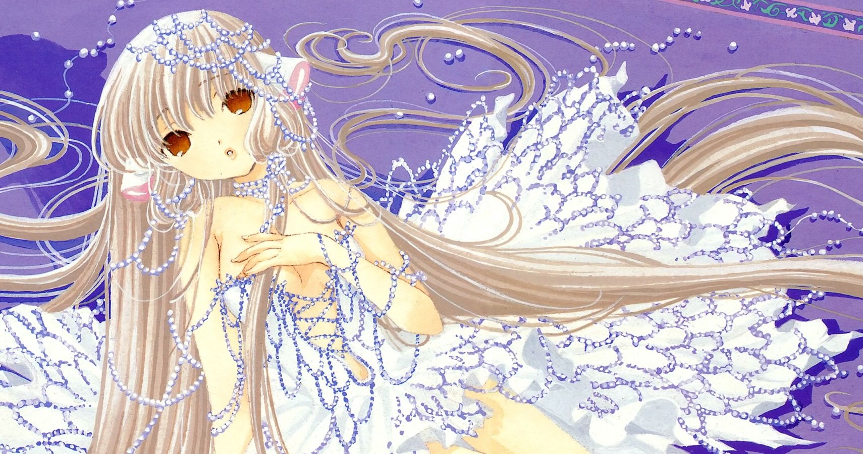Chii from Chobits in a frilly dress, sitting and looking up