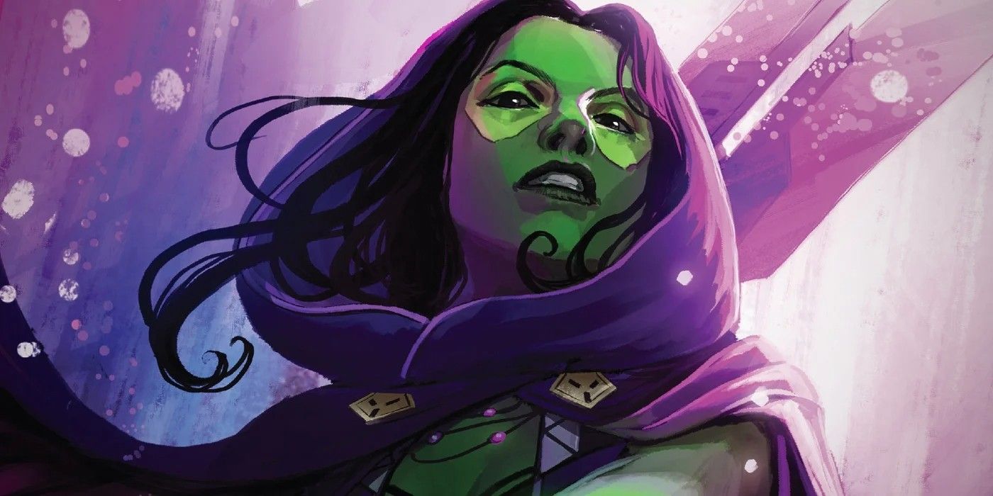 Gamora in front of a purple background
