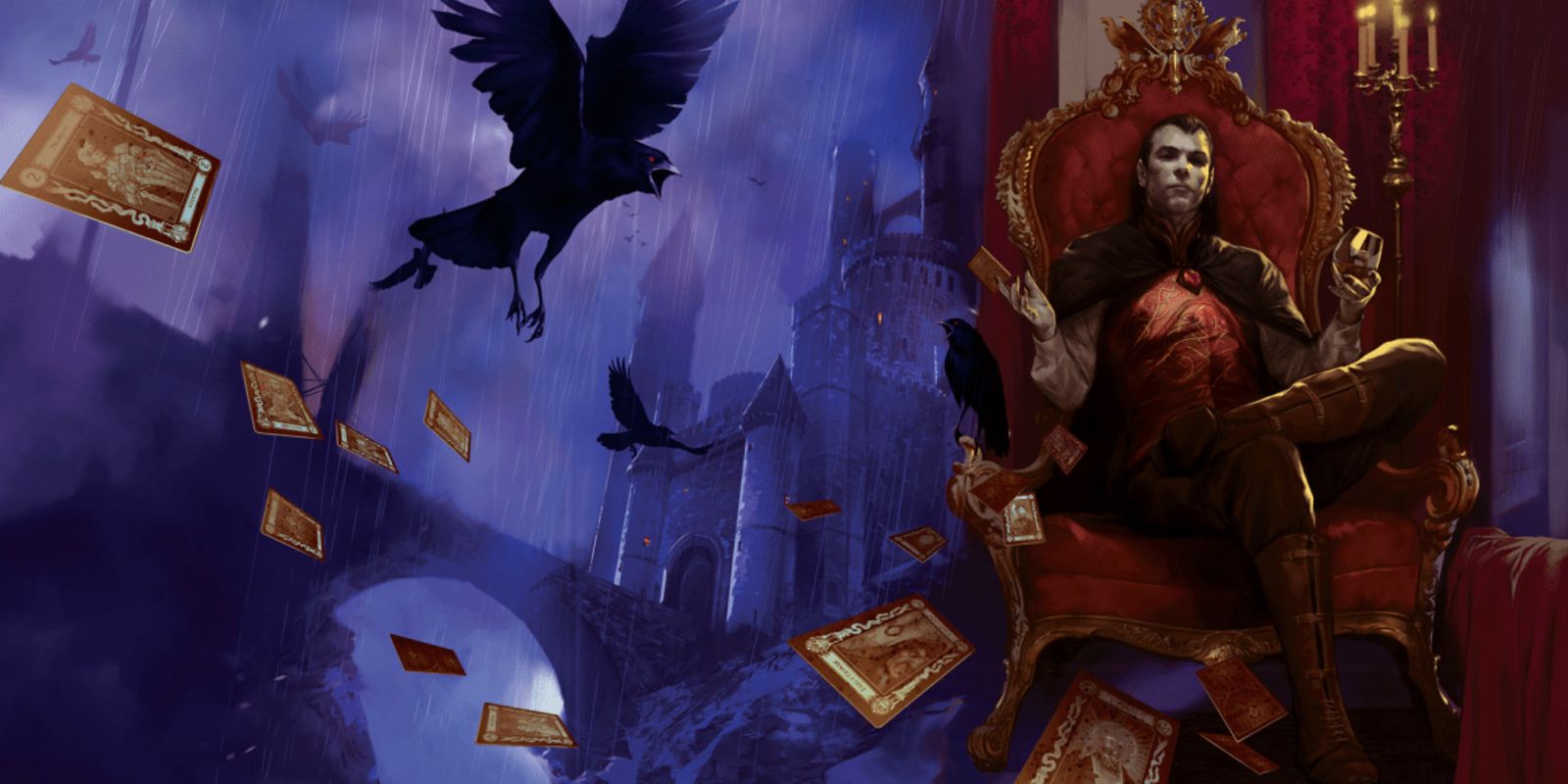 Curse of Strahd artwork shows a man sitting on a red throne alongside a raven
