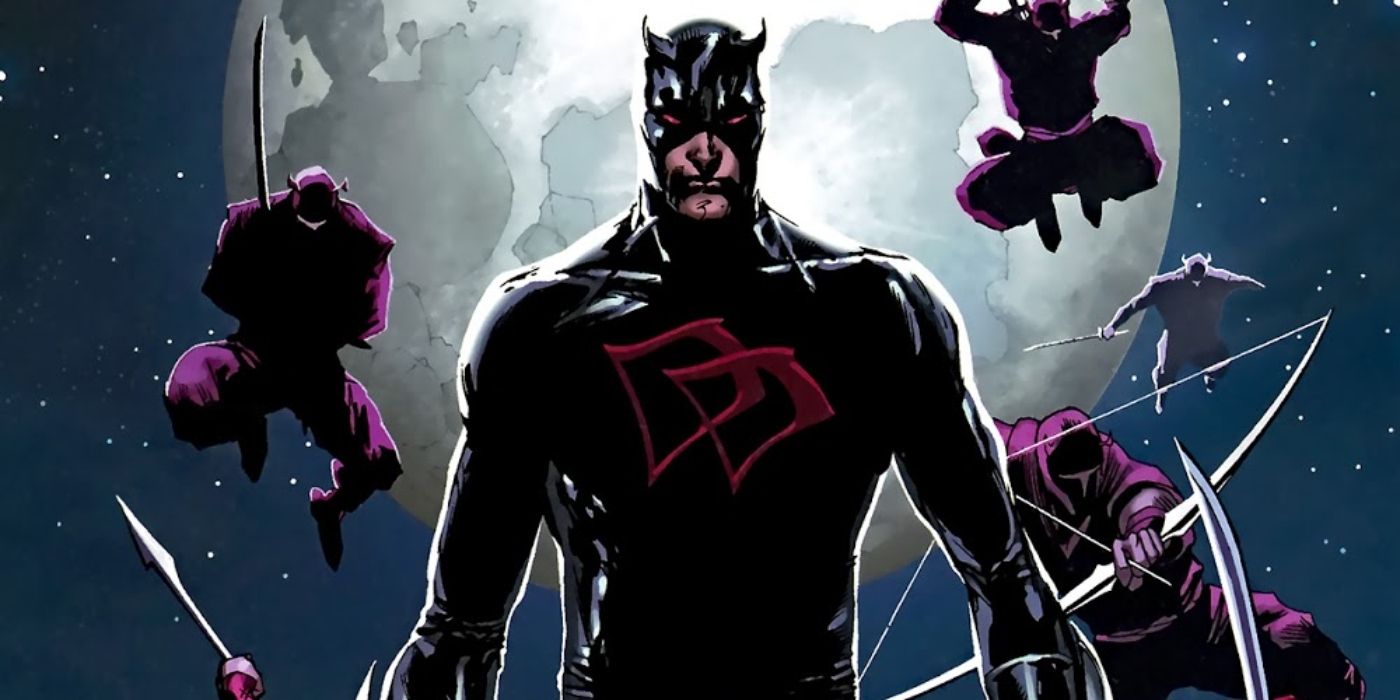 Daredevil featured in his Shadowland costume with his The Hand army behind him.