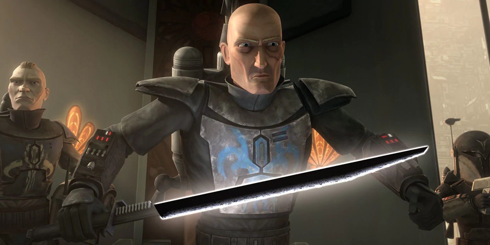 Tarre Vizsla, the creator of the Darksaber, holding his weapon