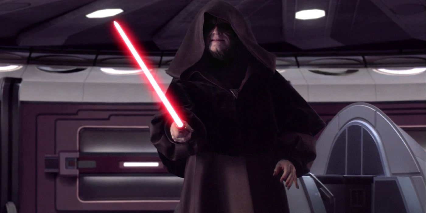 Darth Sidious holding his lightsaber in Star Wars: Episode III Revenge of the Sith