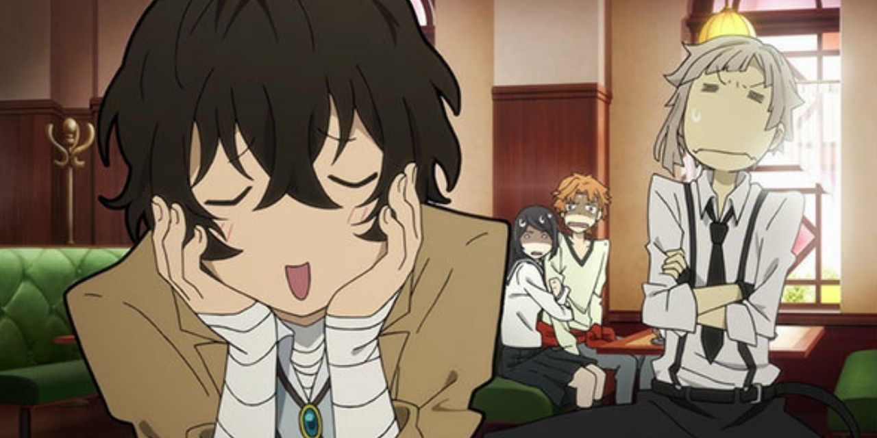 Dazai Osamu At The Detective Agency with Atsushi & others annoyed in the background in Bungo Stray Dogs
