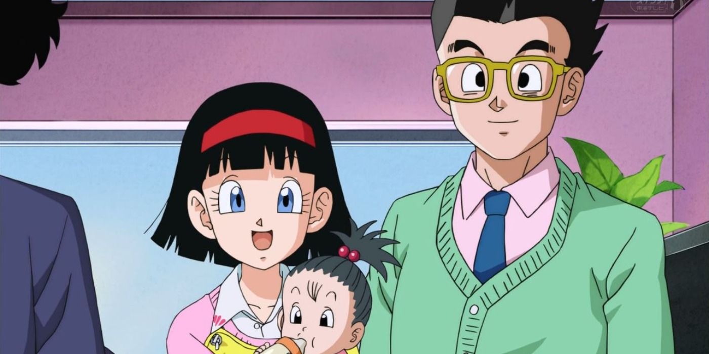 Gohan and Videl with their baby, Pan, in Dragon Ball Super.