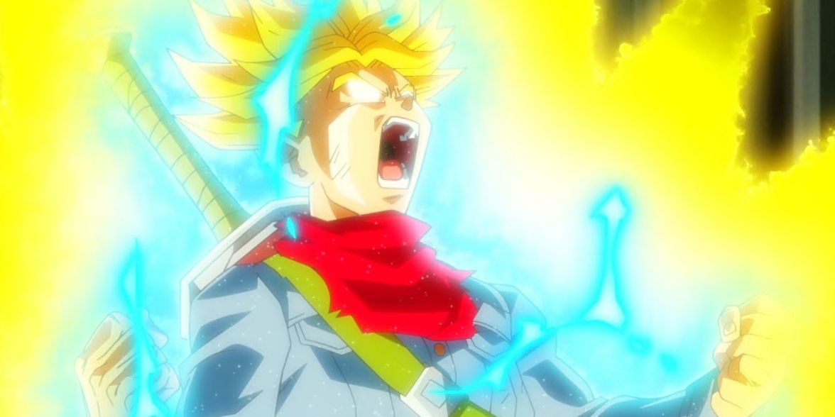 Future Trunks ascende ao modo Super Saiyan Rage em Dragon Ball Super.