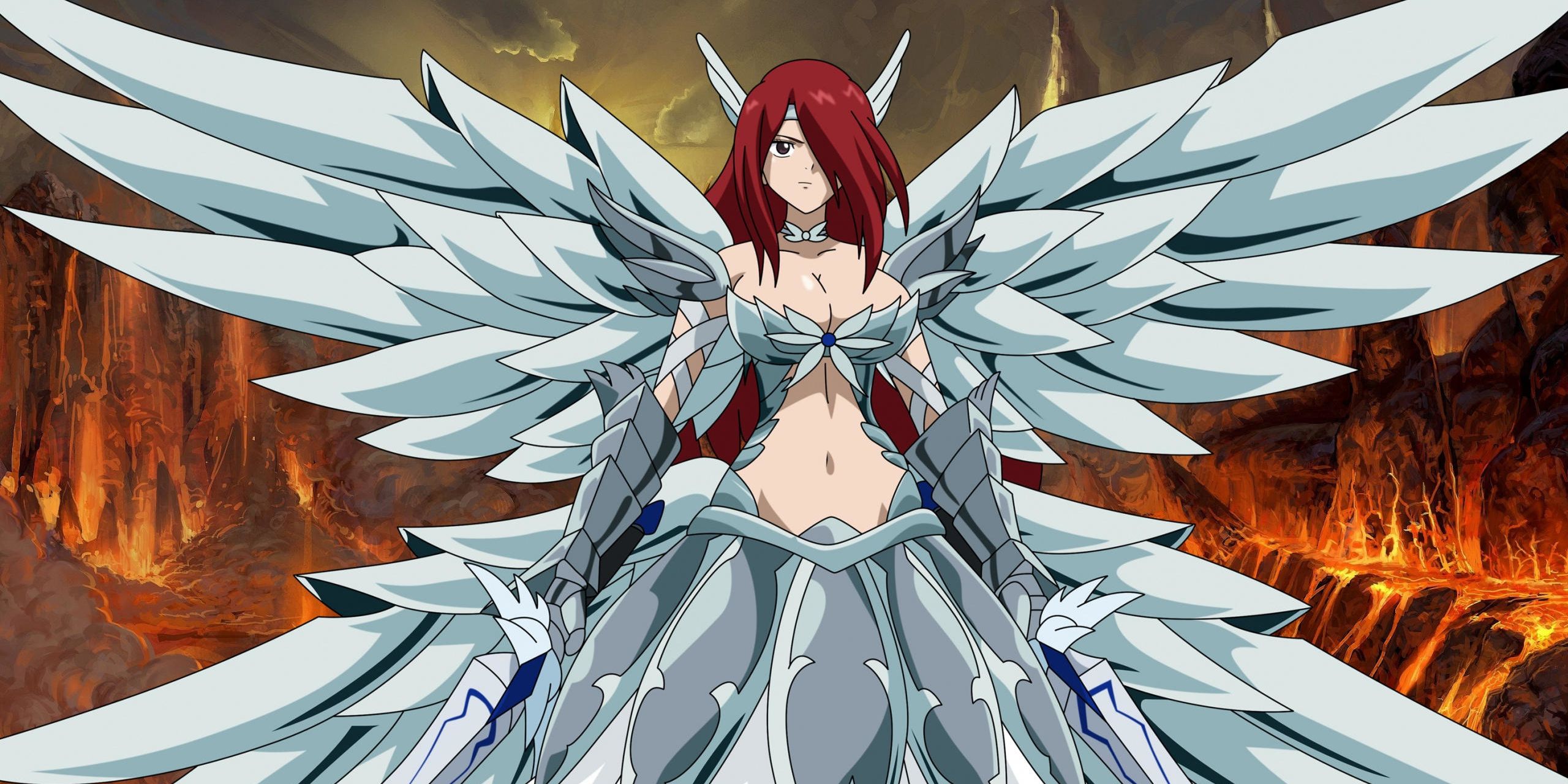 Erza Scarlet from Fairy Tail with wings and sword standing in front of lava