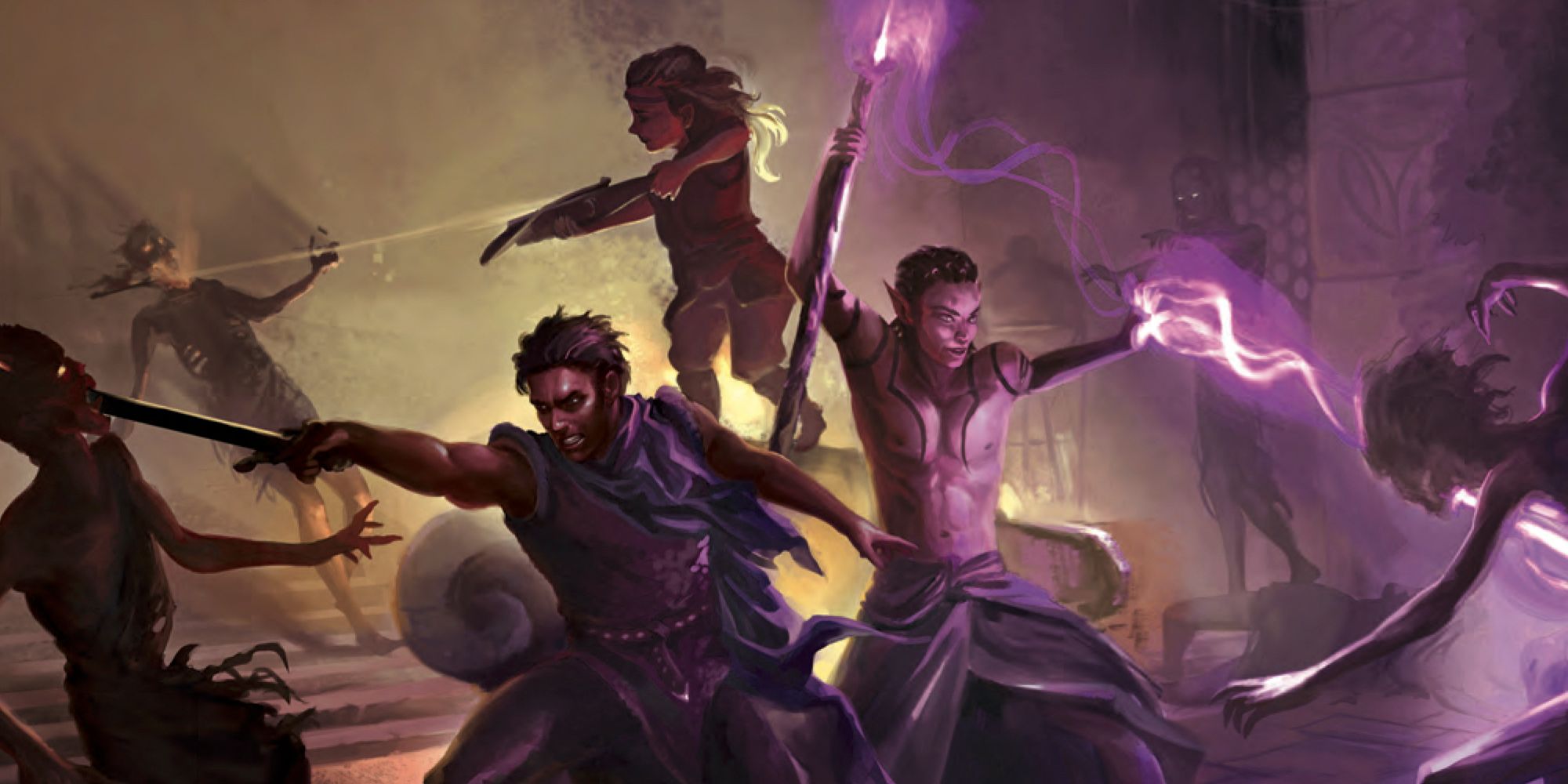 A party battles the undead in art from the Essential Rulebook.