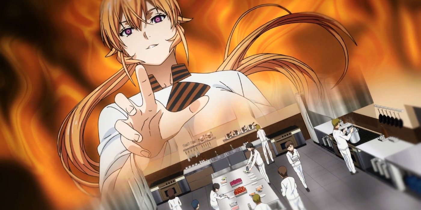 Food Wars - Erina Nakiri with flames behind her lording over a kitchen