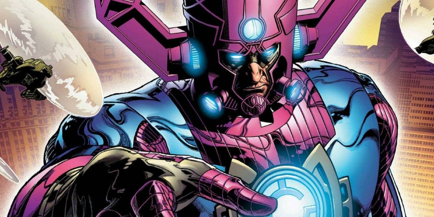 Galactus ominously reaches out his hand while stood in the middle of a city