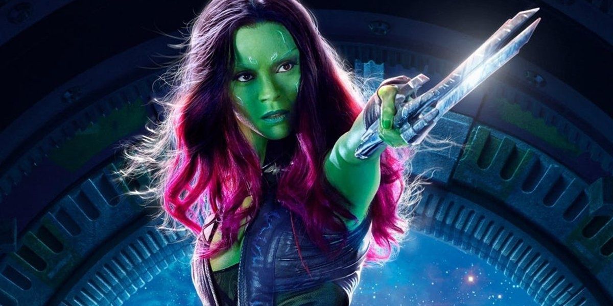 Gamora points her sword in an action pose for a Guardians of the Galaxy poster