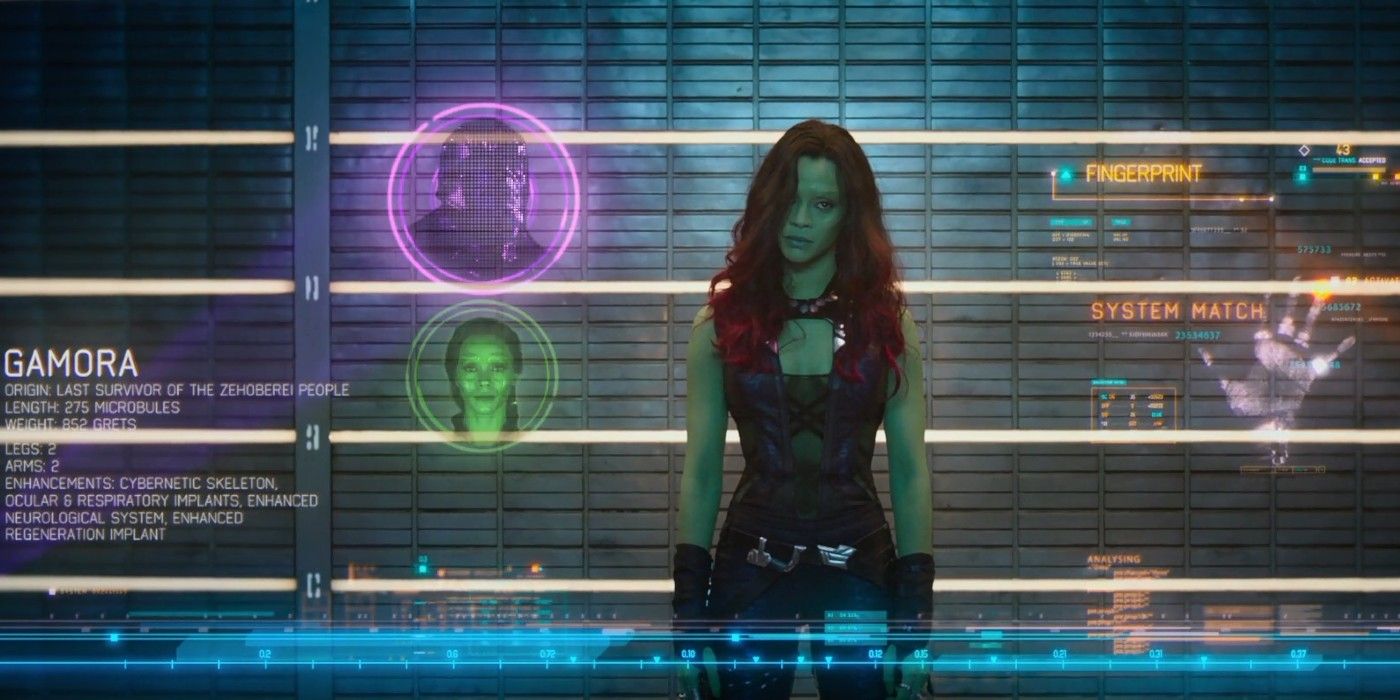 Gamora behing held captive by the Nova Corps in Guardians of the Galaxy.