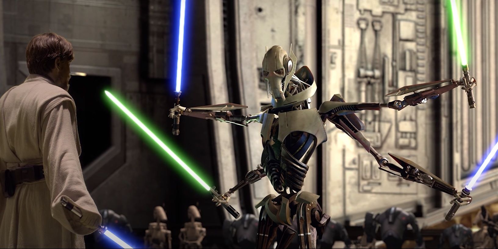 General Grievous attacking Obi-Wan Kenobi with four lightsabers in Star Wars Episode III: The Phantom Menace