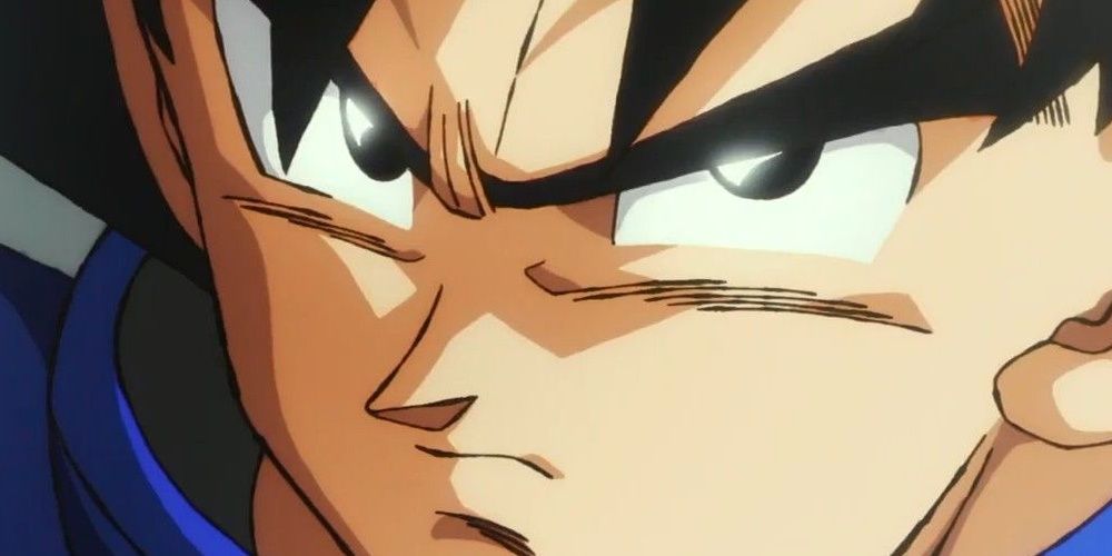 Goku glaring at the camera in his base form during Dragon Ball Super