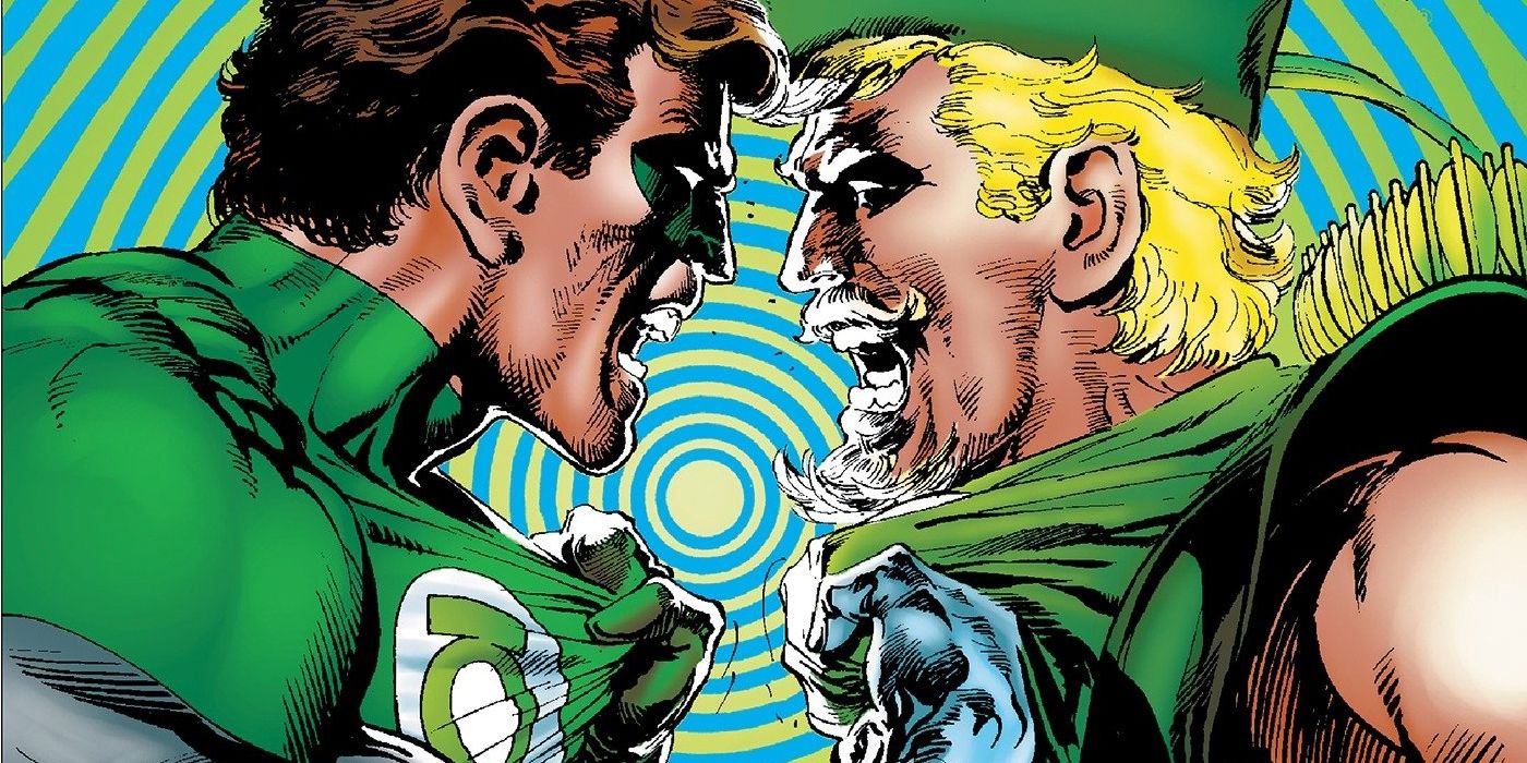 Green Lantern faces off with Green Arrow in a Neal Adams drawing