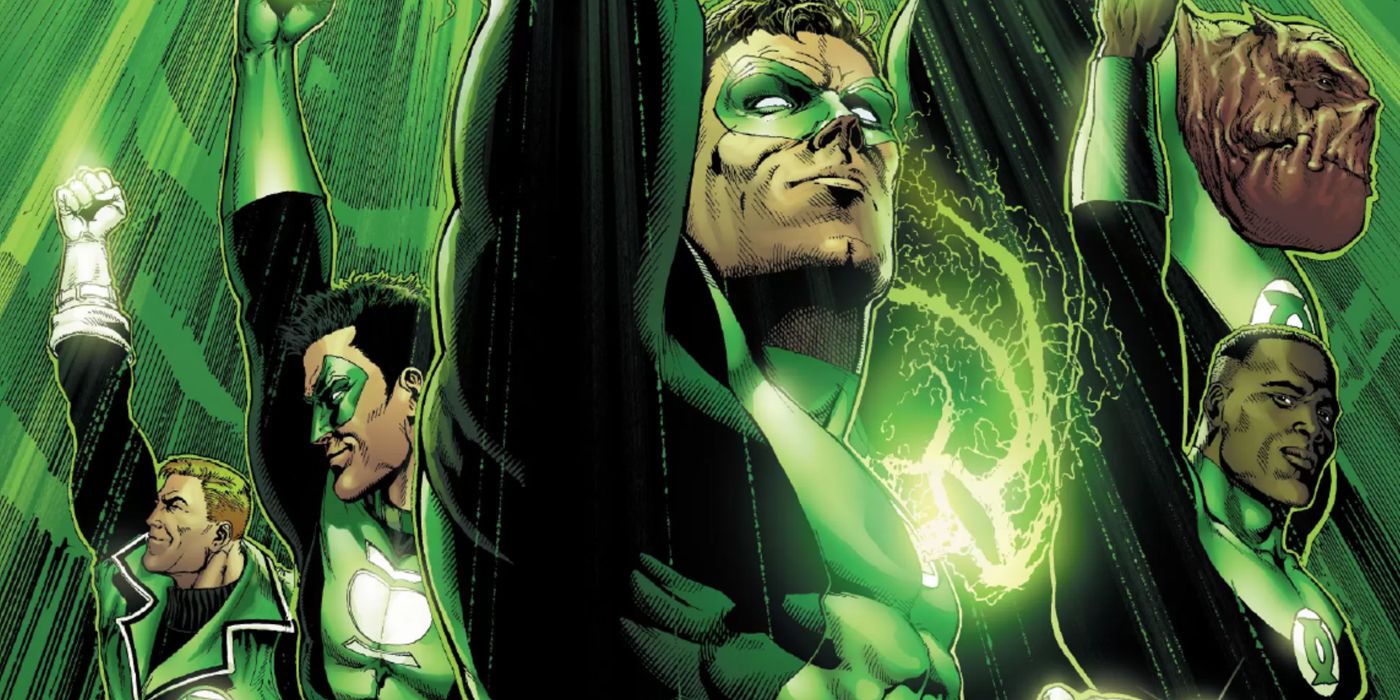 The human men in the Green Lantern Corps, and Kilowog, lift up their rings in DC Comics