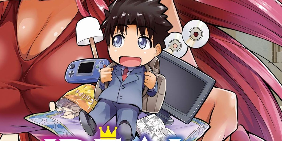 Yamai Zenjirou from Ideal Sponger's Life, with chips and gaming consoles behind him.