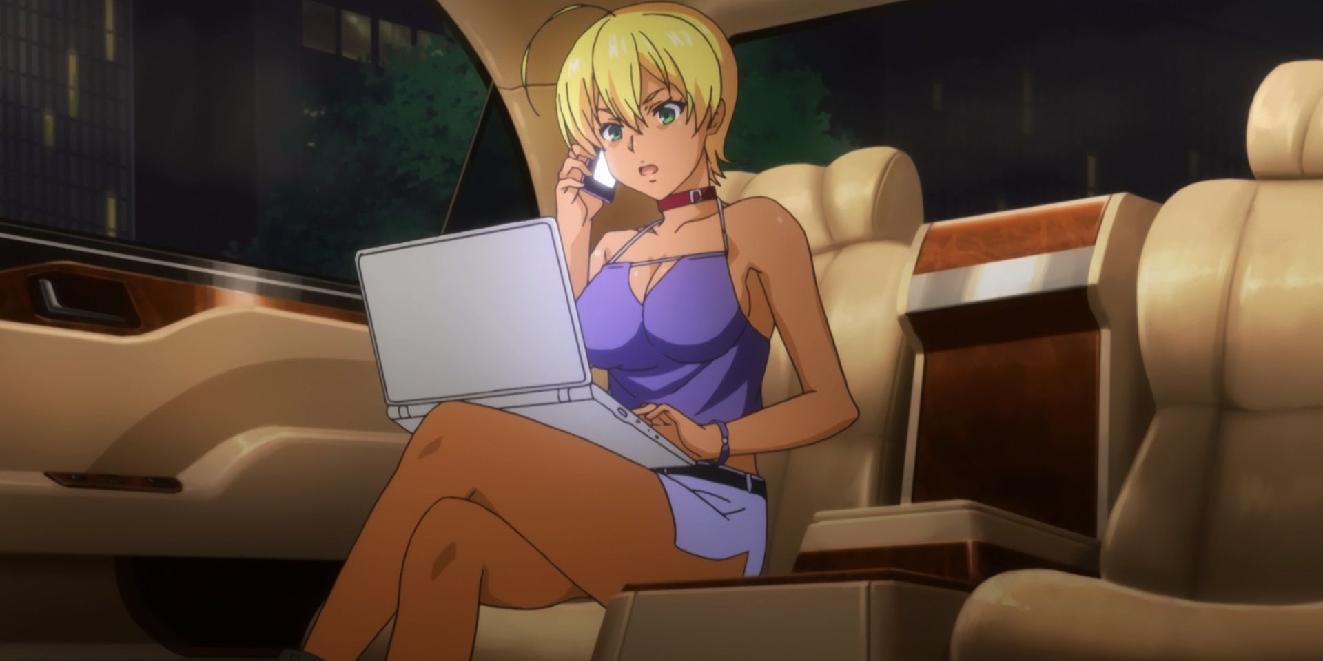 Ikumi Mito talking on the phone and on a lap top while sitting in a limousine from Food wars