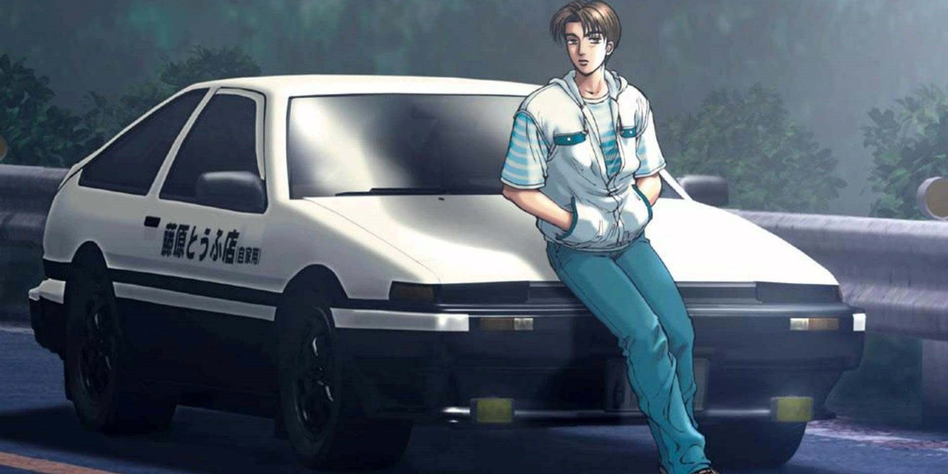 Takumi Fujiwara leaning against his car in the Initial D anime