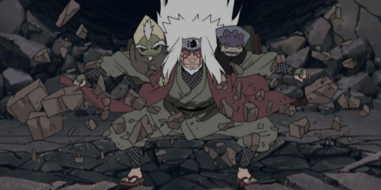 Jiraiya crushing the ground with toads on his shoulders Naruto