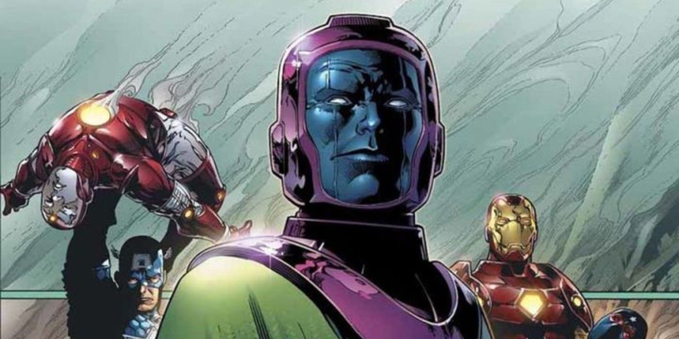Kang with Captain America holding up a defeated Iron Lad behind him.
