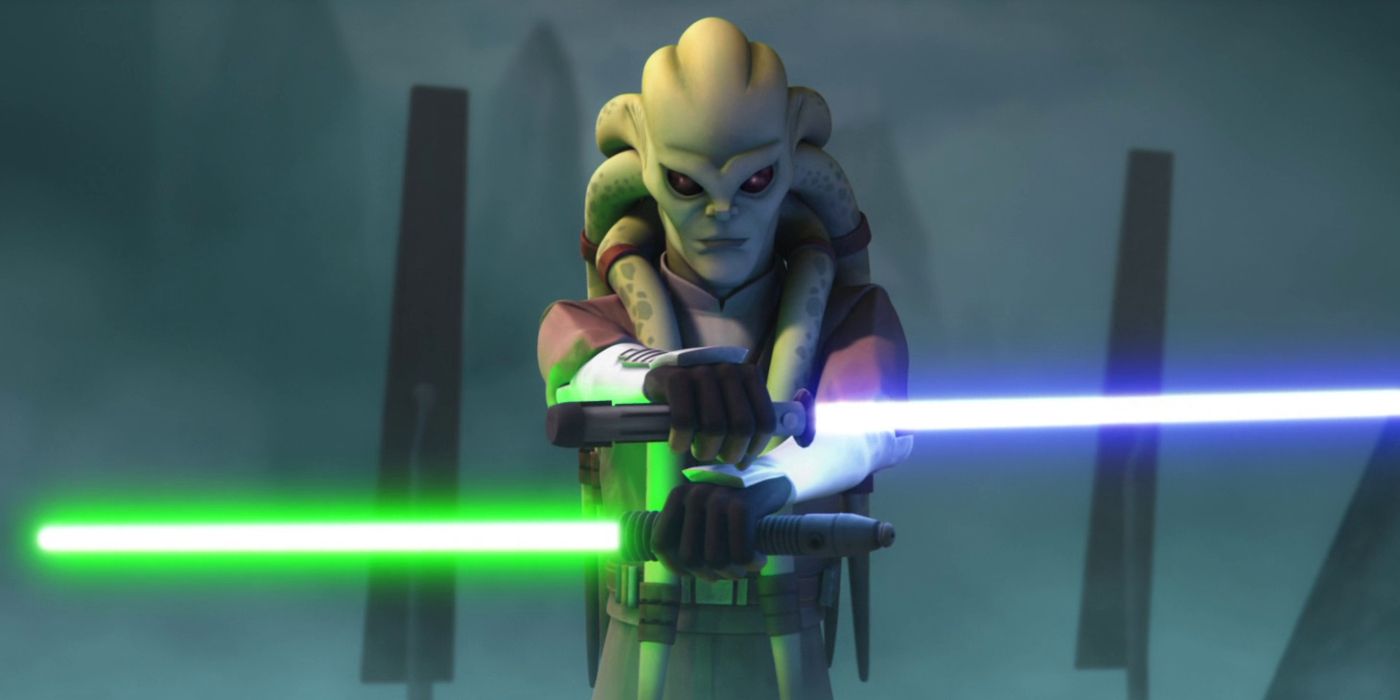 Kit Fisto de Star Wars: The Clone Wars com um sabre de luz verde e azul